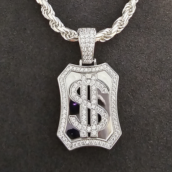Sterling Silver 925 Rhodium Plated Dollar Sign Tag CZ Pendant